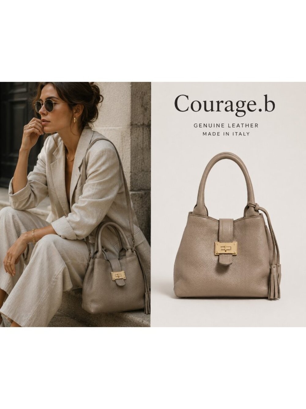 Courage.b Made in Italy Genuine Leather Taupe Convertible Tote Crossbody Bag